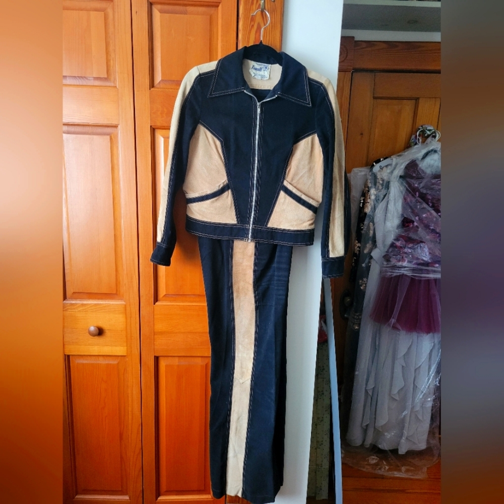 Rare Vintage Roncelli Black Tan Suede Jacket & Pants Suit Set Outfit 9/10
